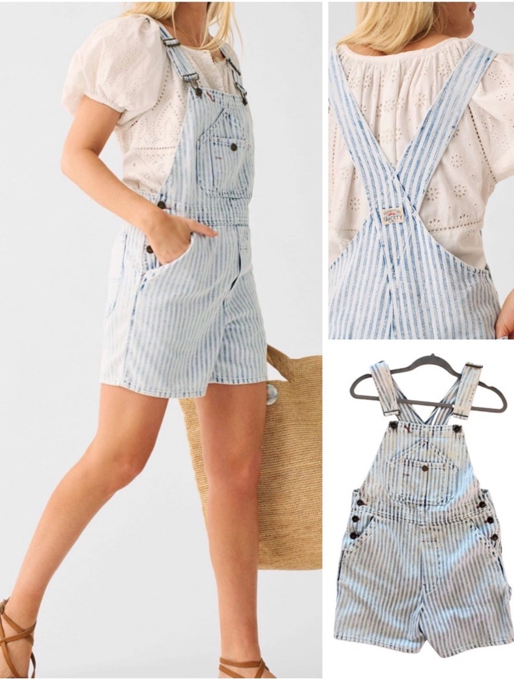 Faherty Blue and White Striped Denim Short Overalls